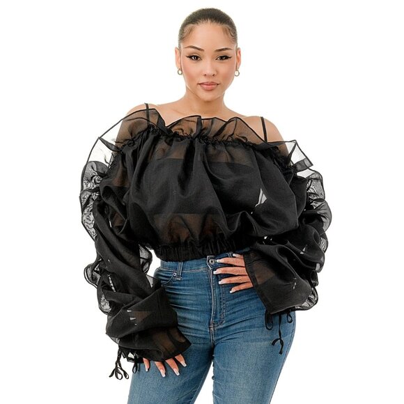 Black "Sheer Drama" Off-Shoulder Ruffle Top – Plus Size Chic - Picture 1 of 3
